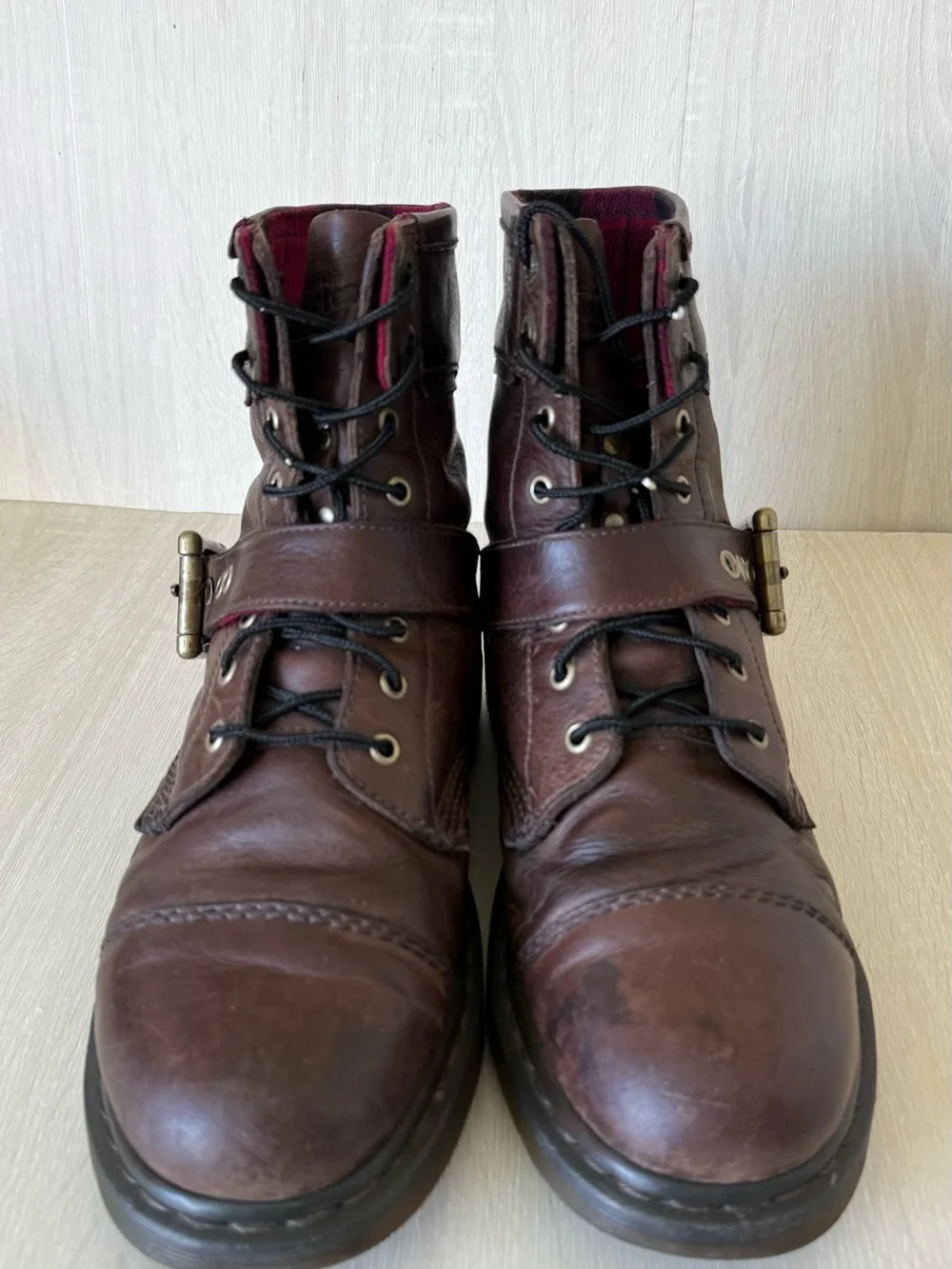 Dr. Martens Brown Leather Buckle Lace-Up Combat Boots Moto Biker Plaid M10/W11